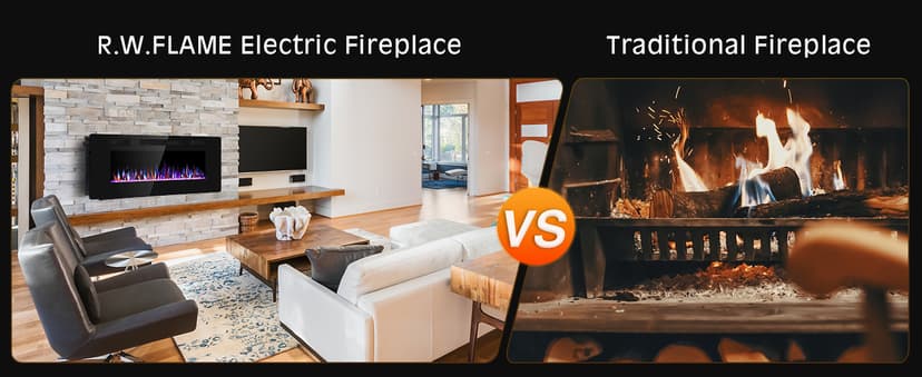 R.W.FLAME 60" Recessed and Wall Mounted Electric Fireplace, Low Noise, Fit for 2 x 6 Stud, Remote Control with Timer, Touch Screen, Adjustable Flame Color and Speed, 750-1500W