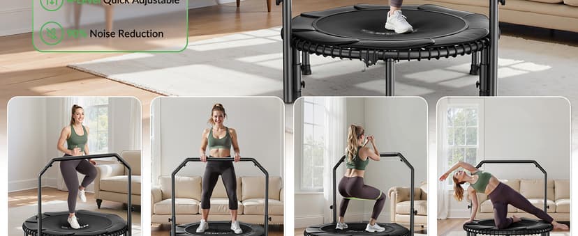 BCAN 40"/48" Mini Rebounder Trampoline for Adults with Bar, 450/550LBS Fitness Trampoline with Bungees, Adjustable Handle, Stable & Quiet, Indoor Outdoor, Whole-Body Workout & Relaxation at Home