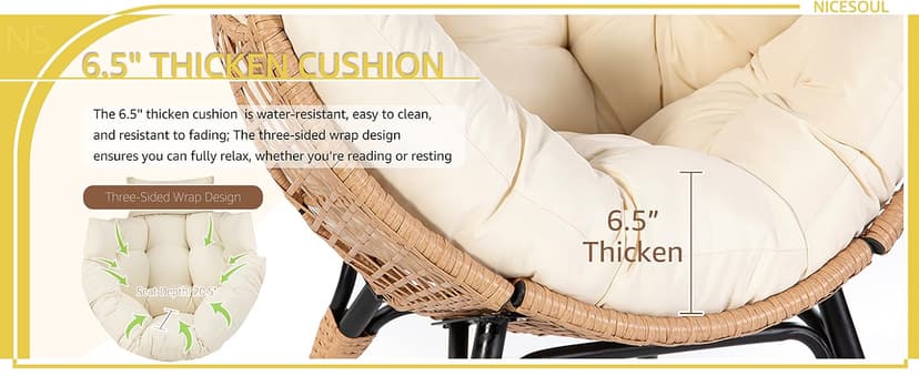 NICESOUL Wicker Egg Chair with Ottoman, Indoor Outdoor Egg Basket Lounge Chair w/Cushion, Oversized Egg Seat with Legs 440 Lbs, Comfy Cozy Boho Style Nest Chair w/Footrest for Patio, Balcony, Beige