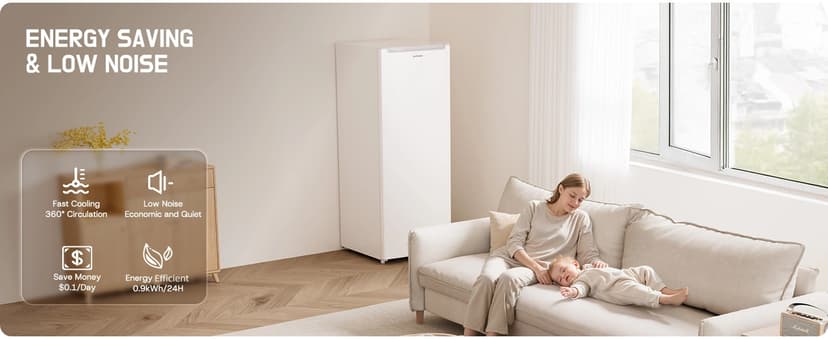 Upstreman 7.0 Cu.Ft Upright Freezer Large Capacity Convertible Refrigerator/Freezer, 5 Adjustable Shelves, Energy Efficient, Garage Ready, Reversible Door for Basement, Dorm, Apartment,White