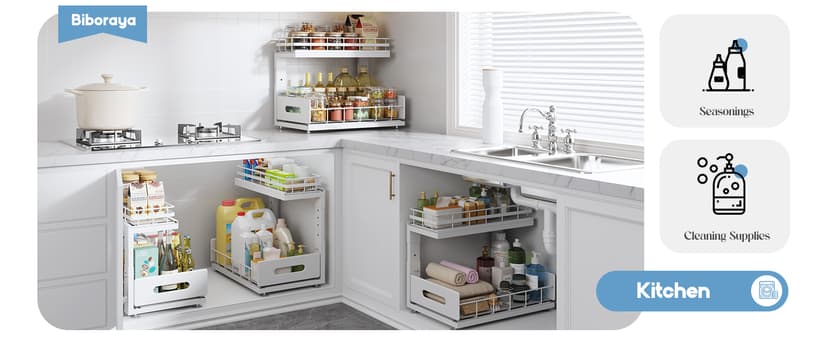 2 Pack Under Sink Organizer with Smooth Ball Bearing Slides, 2-Tier Pull Out Cabinet Storage, Slide Out Drawers for Bathroom and Kitchen, Under Sink Shelf, Rust-resistant Coating, Height Adjustable