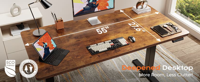 Huuger 55 x 28 Large Electric Standing Desk, Height Adjustable Computer Desk, 27.6" Deep Desktop, Stand up Gaming Office Desk with 2 Hooks, 3 Preset Heights, for Home Office, Rustic Brown