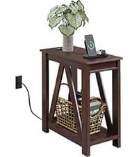 WLIVE End Table with Charging Station, Narrow Side Table for Living Room, Farmhouse Night Stand with Storage, Small Wooden Cabinet with USB Ports and Outlets for Living Room and Bedroom, Espresso