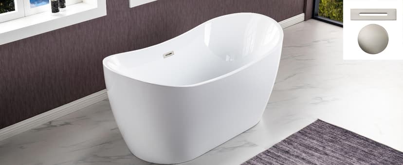 WOODBRIDGE 59" Acrylic Freestanding Bathtub Contemporary Soaking White Tub with Matte Black Overflow and Drain,B0016 -MB-Drain &O