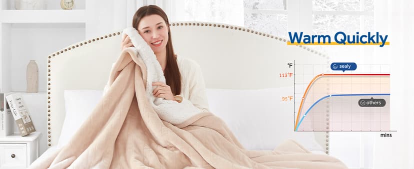Sealy Electric Blanket Twin Size, Flannel & Sherpa Heated Blanket with 10 Heating Levels & 1-12 Hours Auto Off, Machine Washable, Beige, 62x 84 Inch