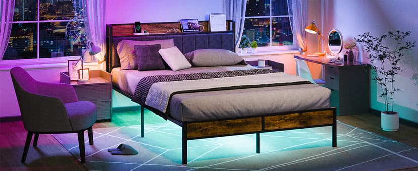 Queen Bed Frame with Headboard, Metal Platform Bed with Smart LED Lights and USB Charging Station, Easy Assembly, No Box Spring Needed
