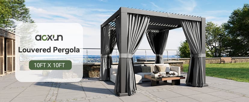 Aoxun Louvered Pergola 10' x 10' Outdoor Aluminum Pergola with Adjustable Top for Decks, Gardens and Backyards, Gray