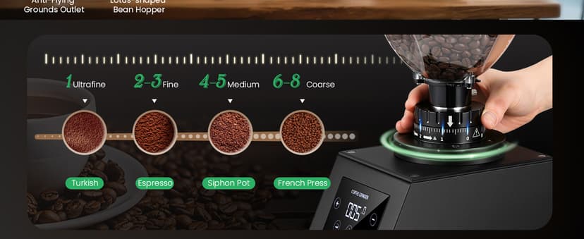 Huanyu Commercial Coffee Grinder with 64mm Flat Burr Anti-Flying Grounds Outlet 26oz Lotus Hopper 8 Stepless Settings Electric Coffee Grinders with Smart Touchscreen for Cafés Restaurants