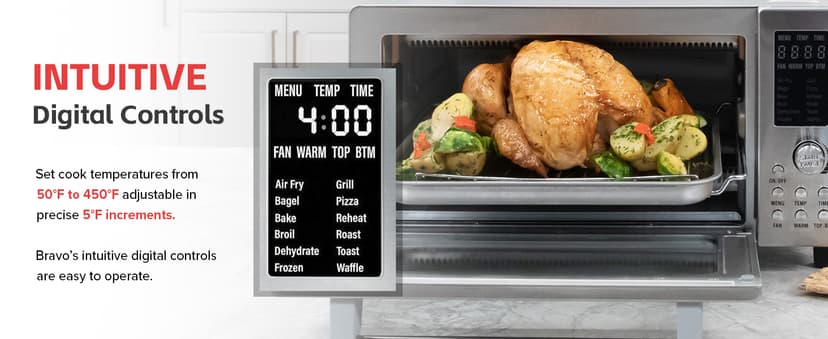 Nuwave Bravo Air Fryer Toaster Smart Oven, 10-in-1 Countertop Convection, 1800 Watts, 21-Qt Capacity, 50°-450°F Temp Controls, Top and Bottom Heater Adjustments 0%-100%, PFAS Free, Stainless Steel