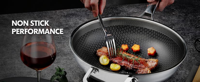 Wok pan,Hybrid 13 inch Wok with Lid, PFOA Free Cookware,non stick Stainless Steel Woks & Stir-fry pans Nonstick, Dishwasher and Oven Safe, Works on Induction