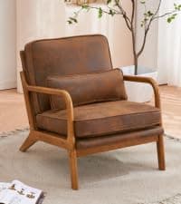 Karl home Accent Chair Mid-Century Modern Chair with Pillow Linen Fabric Upholstered Lounge Arm Chair with Solid Wood Frame & Soft Cushion for Living Room, Bedroom, Balcony, Beige