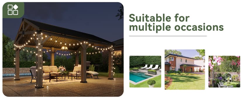 Aoxun 12' x 16' Outdoor Wood Gazebo, Hardtop Gazebo Permanent Wooden Pavilion with Galvanized Steel Gable Roof, for Patio, Garden, Deck, Cedar Wood