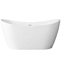 WOODBRIDGE 59" Acrylic Freestanding Bathtub Contemporary Soaking Tub with Matte Black Overflow and Drain,White Tub,B0058-MB