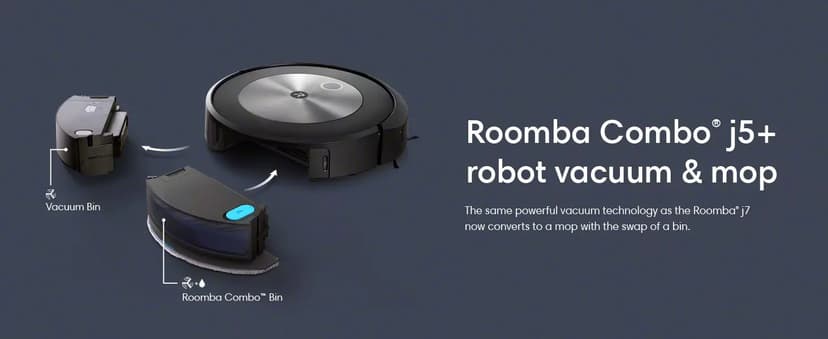 iRobot Roomba Combo j5+ Self-Emptying Robot Vacuum & Mop – Identifies and Avoids Obstacles Like Pet Waste & Cords, Empties Itself for 60 Days, Clean by Room with Smart Mapping, Works with Alexa