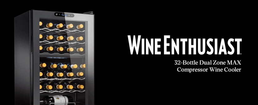 Wine Enthusiast 32-Bottle Dual Zone MAX Compressor Wine Cooler – Freestanding Mini Fridge with Digital Touchscreen, LED Display, Split Storage for Red & White Wines, Matte Black Refrigerator Home Bar