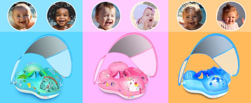 LAYCOL Baby Swimming Float Inflatable Baby Pool Float Ring with Sun Protection Canopy,add Tail no flip Over for Age of 3-36 Months
