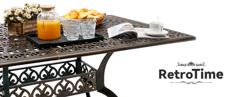 7 Piece Outdoor Dining Set Cast Aluminum, Retro Patio Dining Furniture Set for 6 Includes 59” Rectangular Table 2 Swivel Chairs with Thicker Cushions and Umbrella Hole for Patio Deck Garden