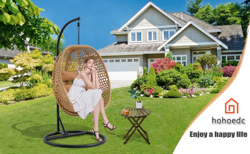 Hanging Egg Chair with Stand & Cushions, Outdoor and Indoor Hammock Rattan Swing Chair 350 lbs Capacity with Aluminum Steel Frame for Patio, Balcony, Backyard and Living Spaces (Light Brown)