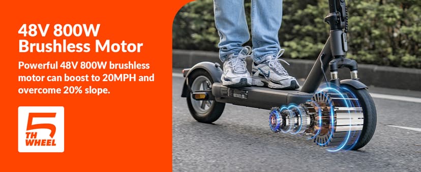 5TH Wheel V40 PRO Electric Scooters, 48V 800W Peak Motor & 20 MPH, 24.9 Miles Range, 10" Solid Tires, Front-N-Rear Suspension and Ambient Light, Folding Sport Scooters with Dual Brake System and APP