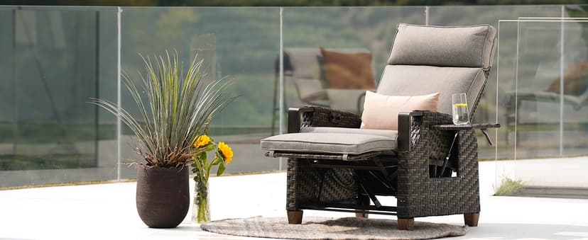 Grand patio Outdoor Recliner with Independent Adjustable Back and Footrest, Air Pump 150° Lay Flat Reclining Chair Removable Olefin Cushion Flip-Up Table Wicker Grey 1PC