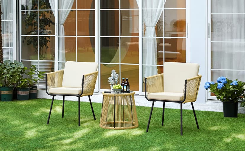 Yaheetech 3 Piece Patio Rattan Bistro Set, Outdoor All Weather PE Wicker Conversation Furniture Set with 2 Chairs & Tempered Glass Top Table & Cushions, for Poolside/Porch/Garden/Yard, Tan/Cream