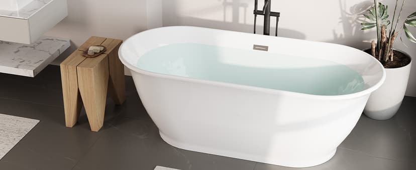 67 Inch Acrylic Freestanding Bathtub, Luxury Oval Soaking Tub, Modern Stand Alone Bath In White, with Chrome Drain, Overflow, Deep Soak Freestanding Tub for Bathroom