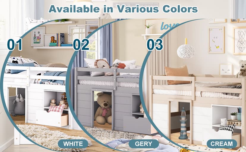 Okak Twin Size Low Loft Bed with Playhouse Loft Bed Frame with Drawer, Shelf,Stairs and Safety Guardrail for Teens, Girls or Boys Loft, Strong Wood Slats Support,Gray