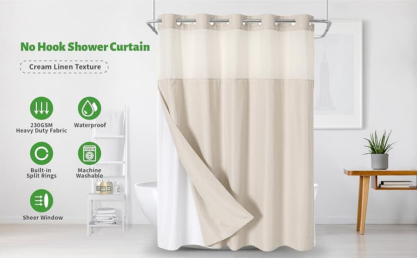 No Hooks Polyester Textured Shower Curtain with Snap-in Fabric Liner Set, Hotel Luxury Decor Shower Curtains for Bathroom with See Through Top Window, Waterproof & Washable, 71Wx74H, Cream