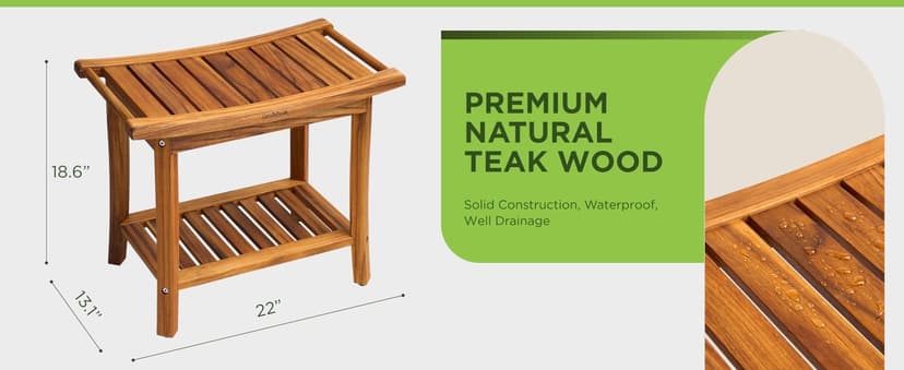 Premium 22" Teak Shower Bench with Handles, Waterproof Teak Shower Stool, Wooden Stool for Bathroom, Teak Wood Shower Bench Stool Seat Chair for Shower Storage Shelf, 300 Lbs Capacity