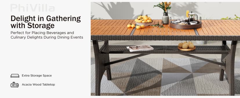 PHI VILLA Outdoor Dining Table for 6/8, 74" Rectangle Wicker Table with Acacia Wood Top & Storage Panel, Large Farmhouse Modern Furniture for Patio, Deck, Backyard, Porch