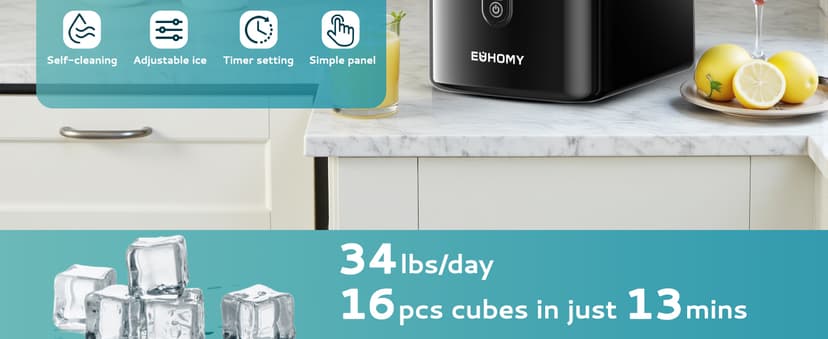 EUHOMY Ice Cube Maker Machine Countertop with External Water Tank, 34Lbs, 16Pcs Ready in 13 Mins, 2 Ways to Add Water, Auto-Cleaning, with Ice Scoop & Basket, for Home/Kitchen/Office/Bar (Black)