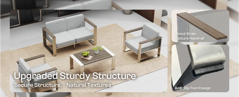 Outdoor Furniture Set, 4 Piece Aluminum Patio Furniture Set with Coffee Table, Wide Seat and Thick Cushions, Outdoor Patio Conversation Sets for Deck, Porch (LightGray)