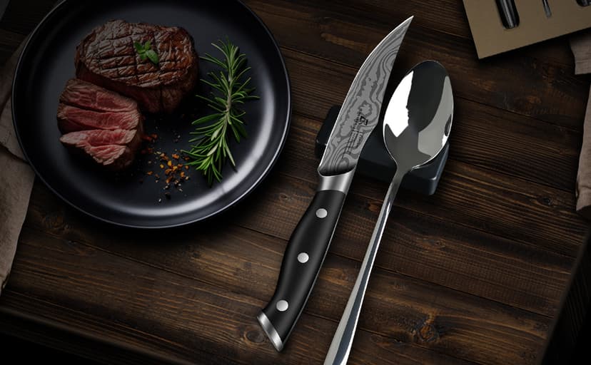 Steak Knives Set of 8, 4.8 Inch Straight Edge Ultra Sharp Durable Meat knives with Rest, High Carbon Stainless Steel Damascus Pattern Triple Rivet Handle, Ideal for Home Restaurant Party