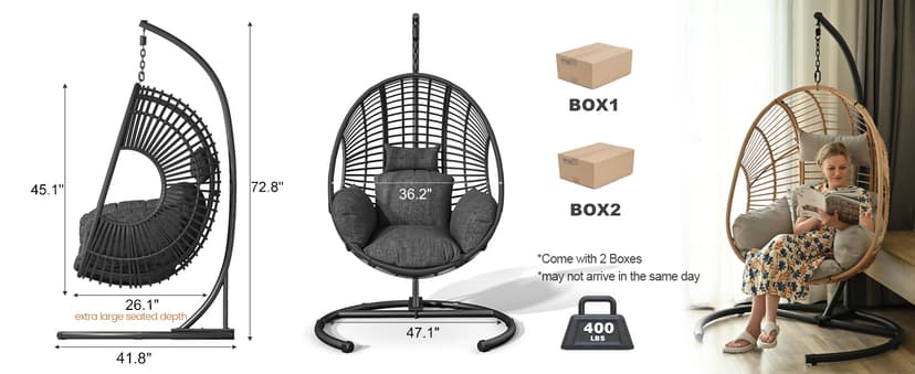 Oversized Hanging Egg Chair Outdoor Wicker Swing Chair with Stand Rain Cover UV Resistant Cushion 400lbs Capacity for Patio, Garden and Balcony