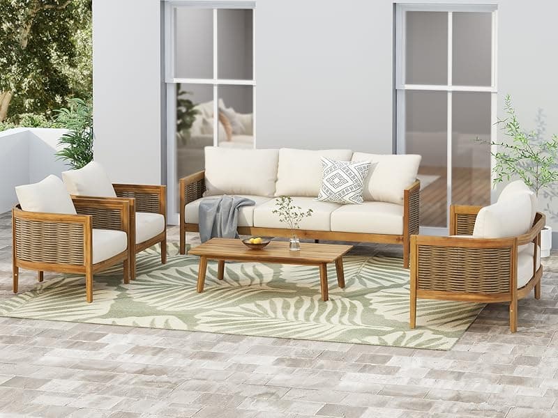 Merax 5-Piece Outdoor Acacia Wood Wicker Conversation Set with 3 Seater Sofa,Loveseat,2 Chairs and Coffetable for Backyard