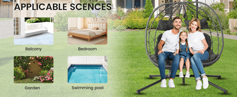 2 Person Double Egg Swing Chair with Stand Indoor Outdoor, Hammock Egg Chair Outdoor, Patio Wicker Hanging Egg Chair w/Cushion 700LBS Capacity for Bedroom, Balcony, Garden, Dark Grey