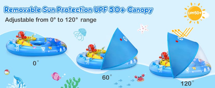 EZIGO Baby Pool Float with Canopy UPF50+ Sun Protection, Inflatable Kids Pool Floats with Ocean Animal Toys for Baby 6-36 Months, Infant Swimming Float with Adjustable Safety Seat for Boys Girls