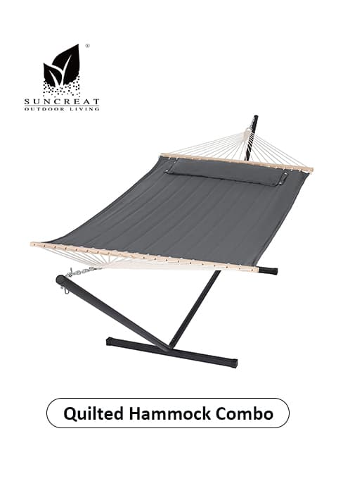 SUNCREAT Double Outdoor Hammock with Stand, Two Person Cotton Rope Hammock with Polyester Pad, Dark Gray