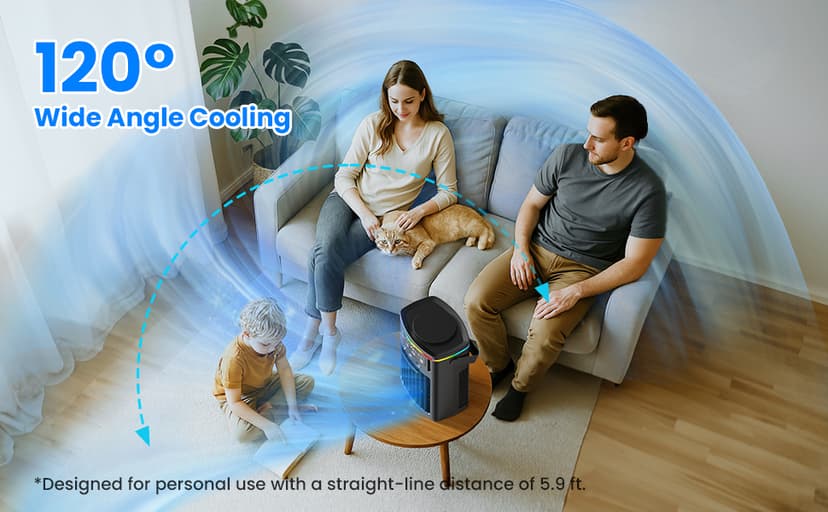 Portable Air Conditioners, Mini Air Conditioner Portable Cooling Fan with Remote Control, 3 Wind Speed & 3 Mist Level & 2-8H Timer & 7 LED Light Evaporative Air Cooler for Home Office Room, Black