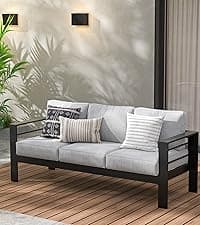 Wisteria Lane Patio Furniture Aluminum Sofa, All-Weather Outdoor 3 Seats Couch, Black Metal Chair with Light Grey Cushions