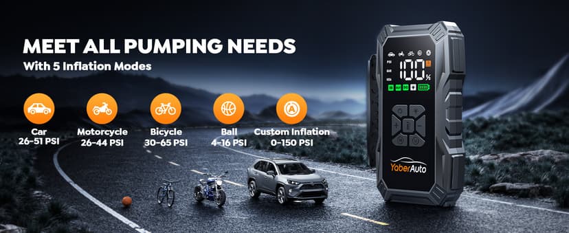 YaberAuto 9-in-1 Jump Starter with Air Compressor 5500A 150PSI Portable Car Battery Jump Starter (All Gas/10L Diesel), Jump Box Car Battery Jumper Starter Portable Jumper Cables, 150W DC, Lights