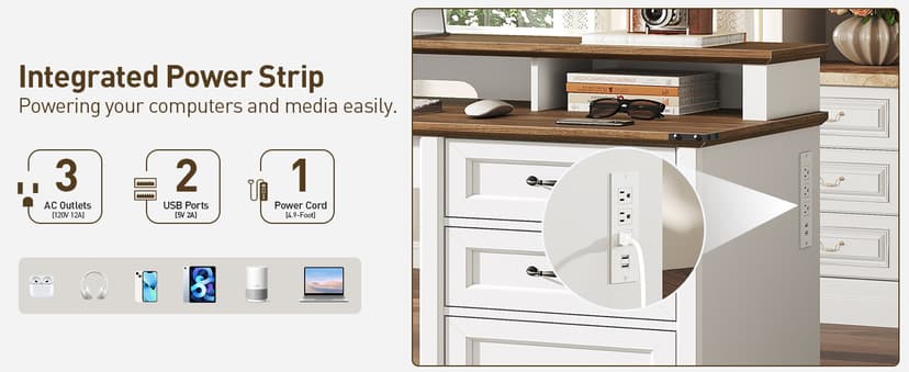 55'' Farmhouse Executive Desk with Drawers, Computer Desk with File Cabinet and Side Bookshelf, Writing Gaming Desk with Monitor Stand & Charging Station, White and Walnut