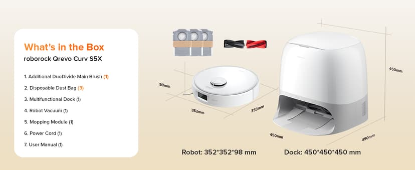 roborock Qrevo Curv S5X Robot Vacuum and Mop, 17000Pa Suction, Zero-Tangling Design, FlexiArm Side Brush, Smart Obstacle Avoidance, Self-Washing & Drying & Emptying for Carpet, Pet Hair, Hard Floor