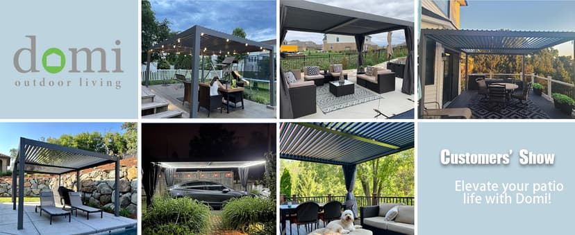 Domi Outdoor Louvered Pergola 10x13FT Full Aluminum Structure,Patio Rainproof Pergola with Two Independently Adjustable Roof for Backyard, Garden w/Curtains and Netting - Dark Gray