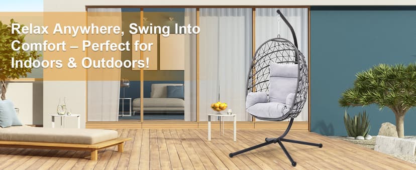 RoyalCraft Hanging Egg Chair Outdoor Swing Chair with Stand, Hammock Chair Indoor, Patio Boho Wicker Hanging Chair with Stand 350lbs Capacity for Garden, Balcony, Bedroom, Black & Gray