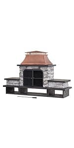 Sunjoy Outdoor Fireplace, Smith Collection Patio Wood Burning Steel Fireplace with Chimney, Spark Screen, Fire Poker, and Removable Grate, Copper with Yellow Tile