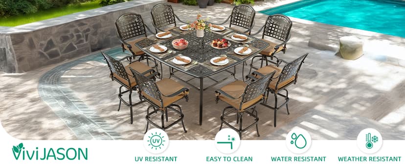 VIVIJASON 9-Piece High Patio Dining Set, Free-Rust Cast Aluminum Patio Bar Table and Chairs Set with 8 Swivel Bar Stools & 64" Bar Height Dining Table, Umbrella Hole for Backyard, Lawn, Garden