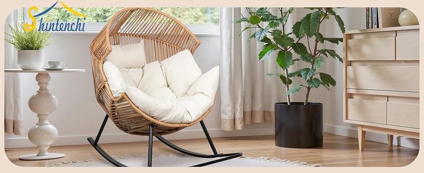 Shintenchi Wicker Egg Chair,Oversized Outdoor Indoor Rocking Chair,Large PE Rattan Rocking Chair with Cushion for Patio, Balcony, Backyard, Garden, Beige