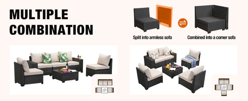 6 Pieces Patio Furniture Set All-Weather Outdoor Wicker Sectional Conversation Sofa Rattan Patio Seating Sofa with Cushion and Glass Table for Porch Poolside,Beige