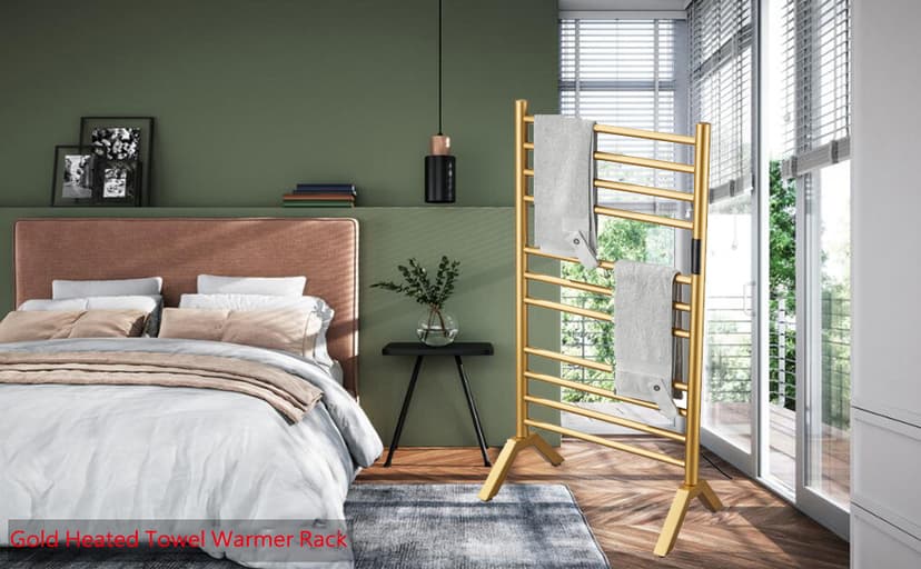 Electric Towel Warmers Radiator with Built-in Timer Gold, 140W Wall-Mounted & Freestanding Heated Towel Drying Rack with 11 Bars, 304 Stainless Steel Heated Towel Rail for Bathroom, Plug-in
